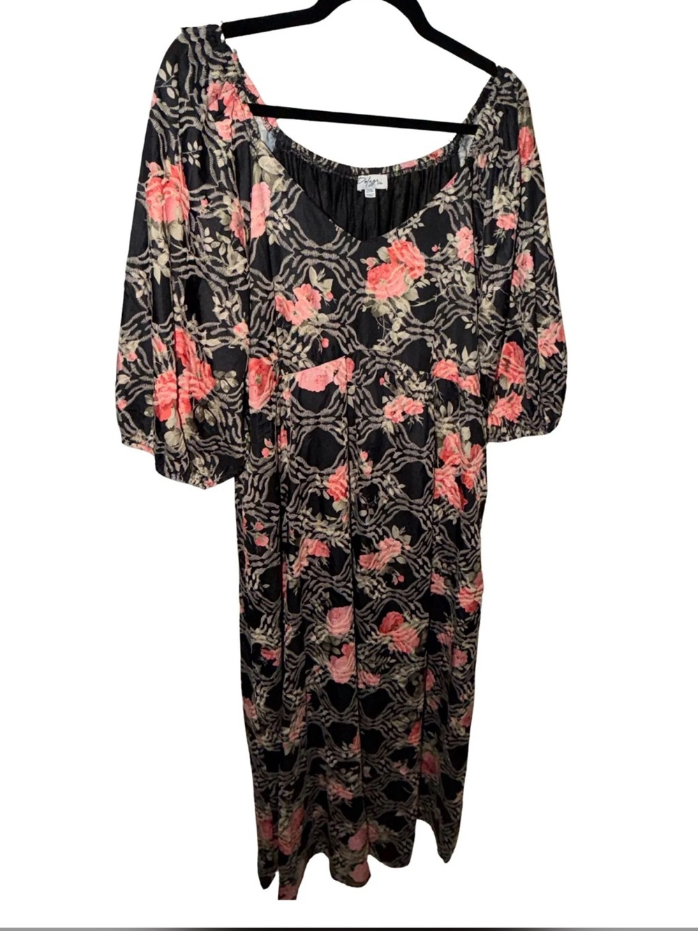 Polagram Black Midi Dress with Coral Pink Floral Print